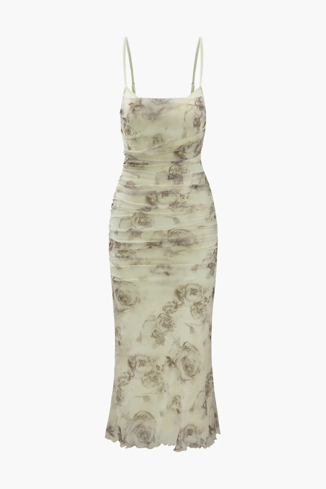 Floral Print Mesh Backless Ruched Slit Midi Dress - Weenar
