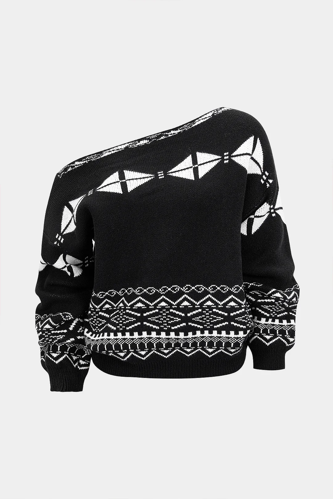 Knit Geometric Print Slant Shoulder Long-Sleeve Top - Weenar