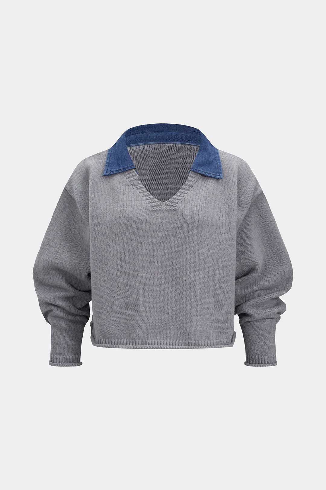 Knit Patchwork Lapel Long-Sleeve Top - Weenar