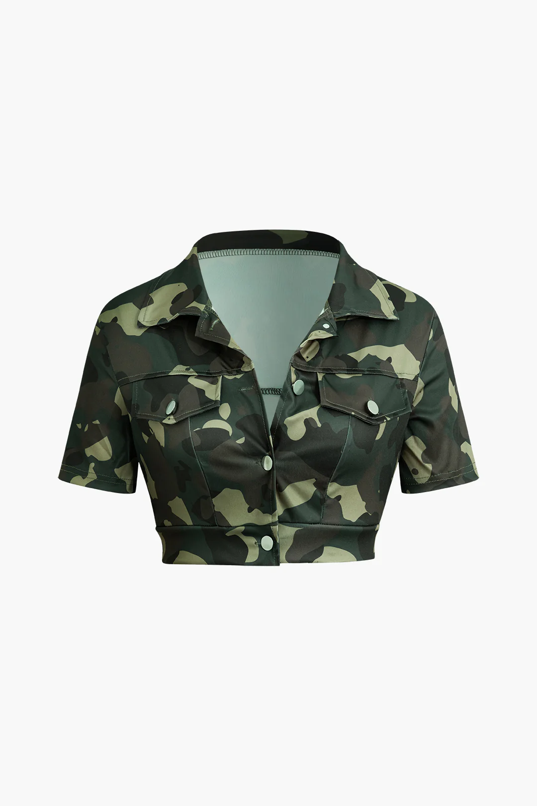 Camo Print V-Neck Button Short Sleeve Top And Shorts Set - Weenar