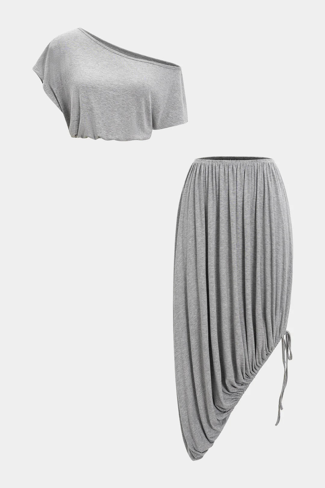 Ruched Asymmetrical Neck Short-Sleeve Top And Drawstring Skirt Set - Weenar