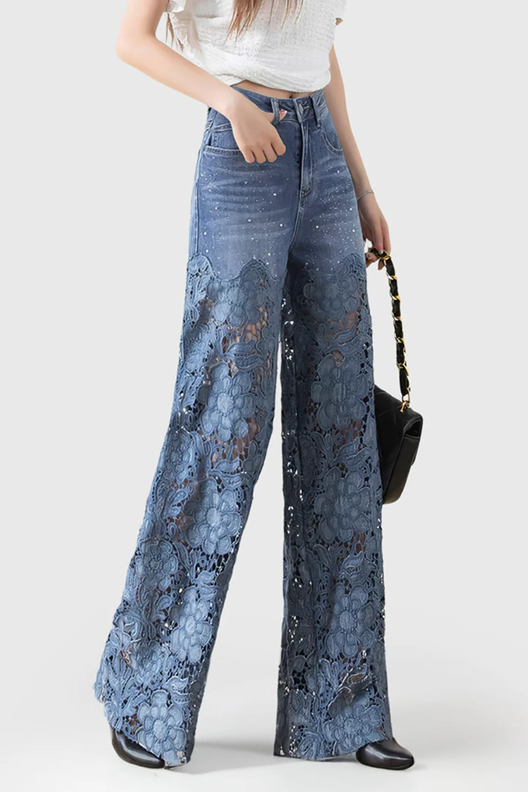 Lace Cut Out Patchwork Wide Leg Jeans - Weenar