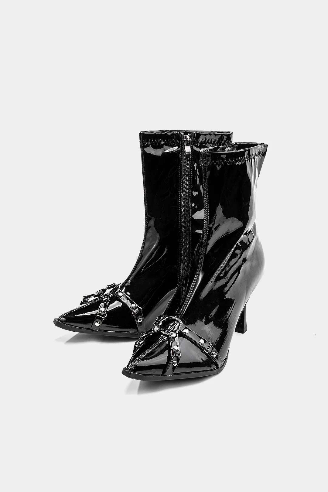 Leather Metallic Buckle Pointed Ankle Boots - Weenar