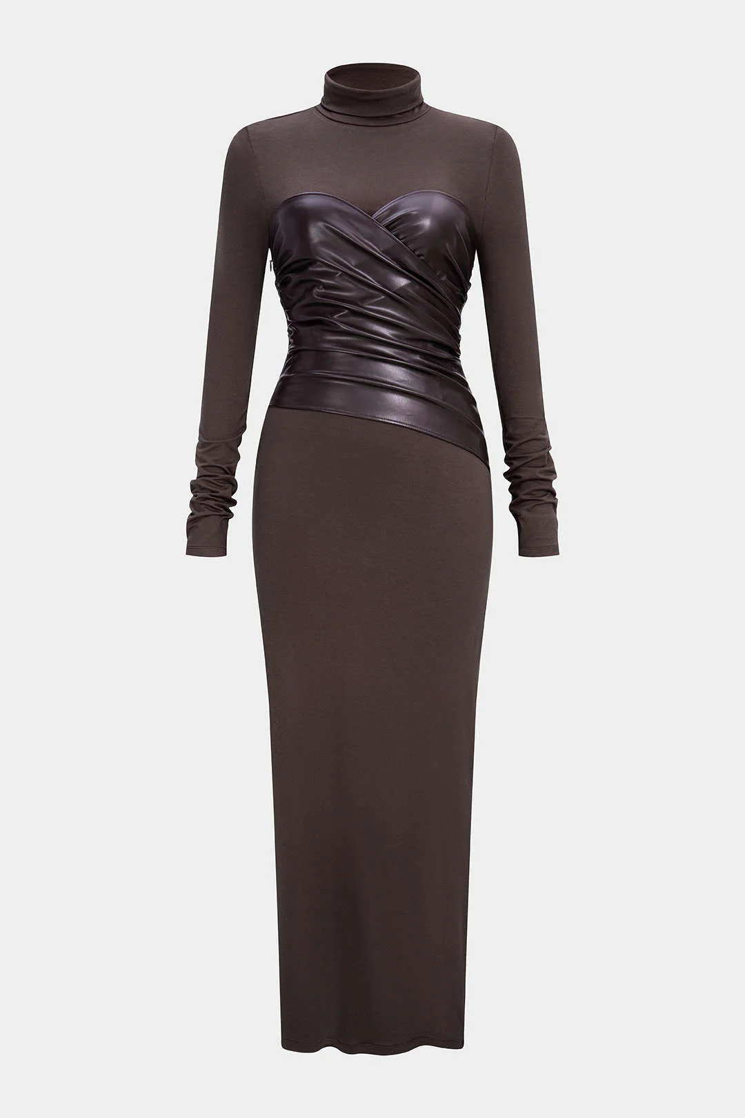 Faux Leather Crossed Ruched Long Sleeve Maxi Dress - Weenar