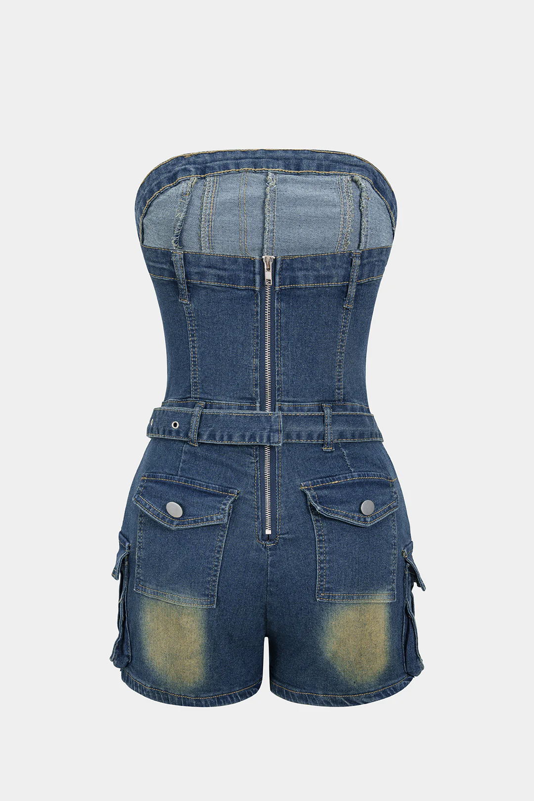 Denim Belted Backless Sleeveless Romper - Weenar