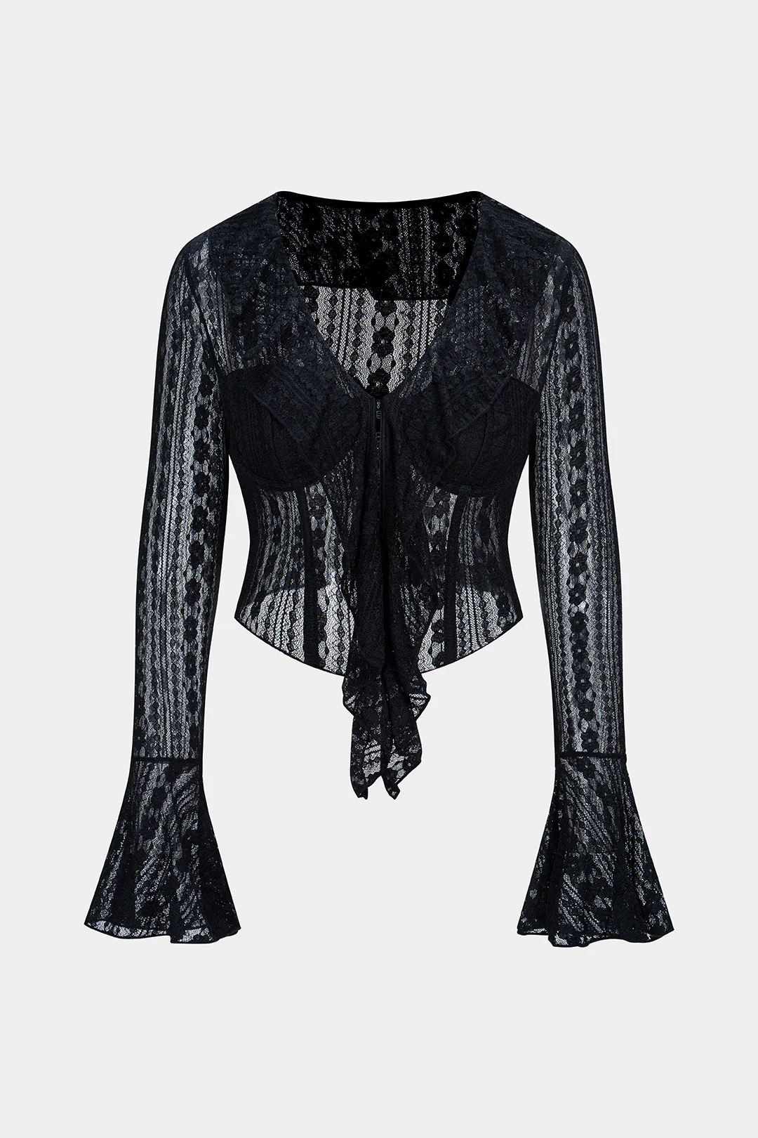 Lace Bustier Ruffle V-Neck Long-Sleeve Top - Weenar