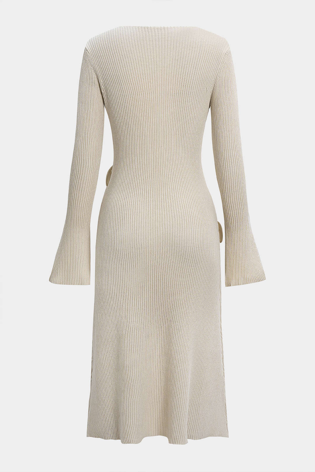 Knit V-Neck Ribbed Long Sleeve Dress - Weenar