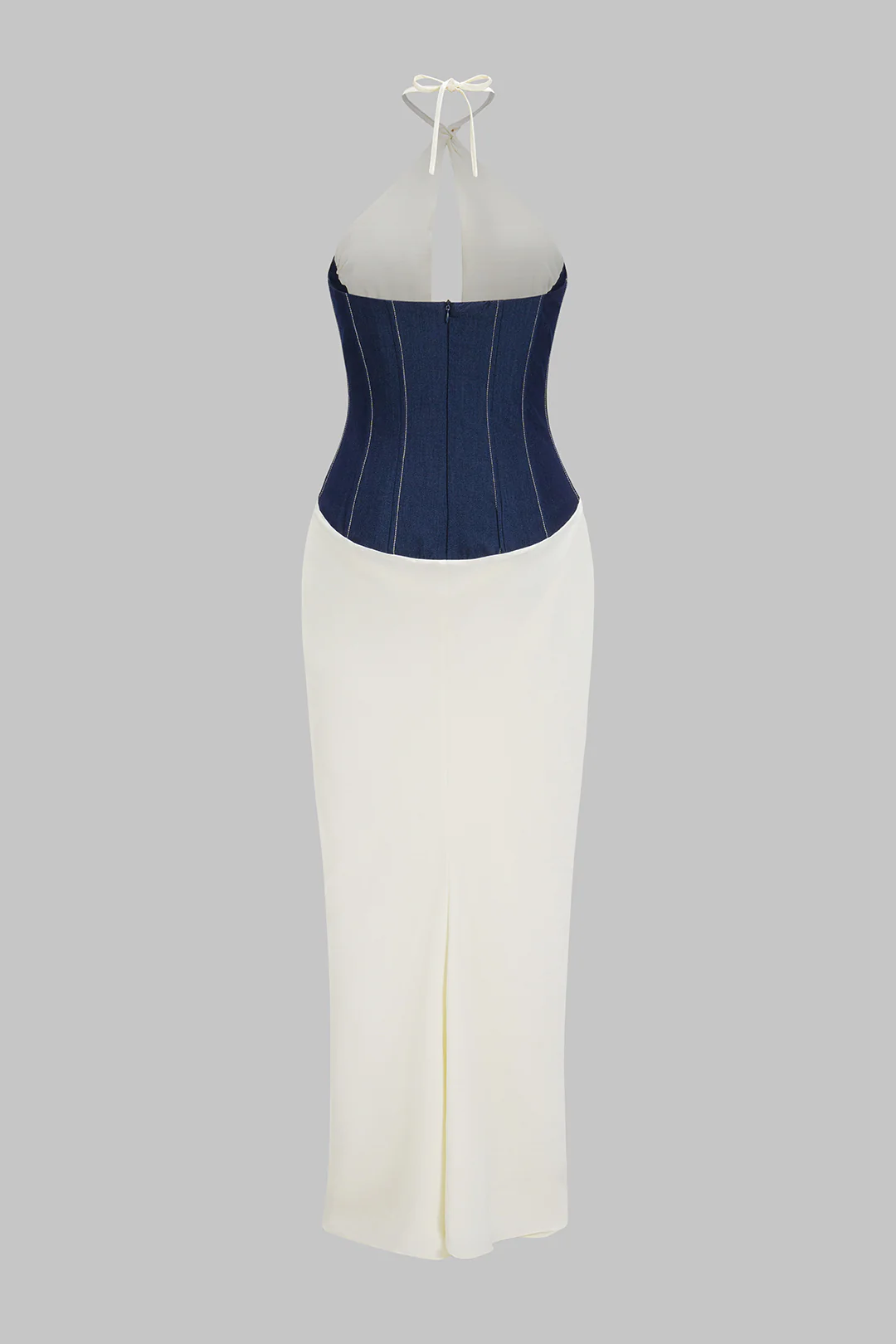 Denim Patchwork Halter Neck Sleeveless Maxi Dress - Weenar