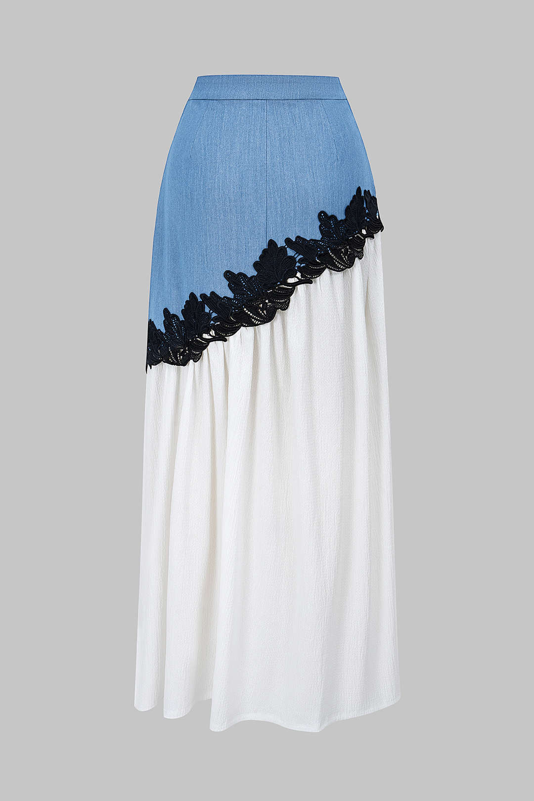 Denim Patchwork Lace Trim Asymmetrical Skirt - Weenar