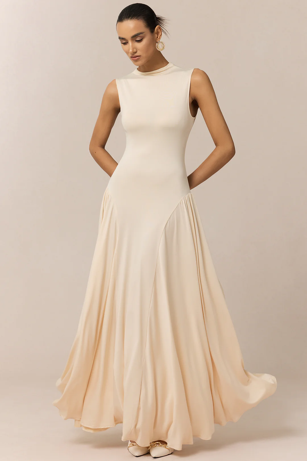 Mock Neck Ruched Sleeveless Maxi Dress - Weenar