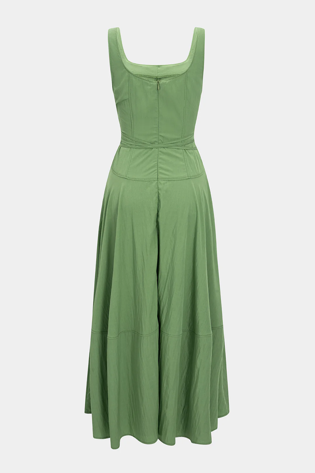 Solid Square Neck Tie-Front Zipper Sleeveless Midi Dress - Weenar