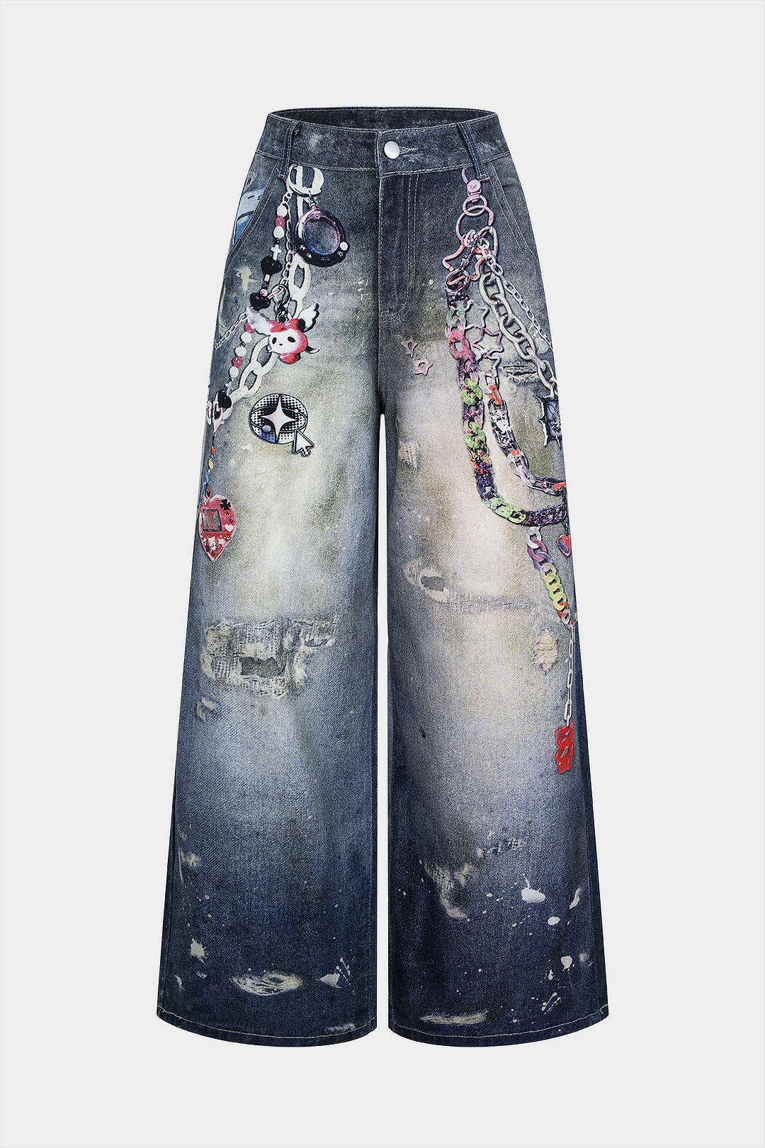 Denim Graffiti Print High Waist Wide Leg Jeans - Weenar