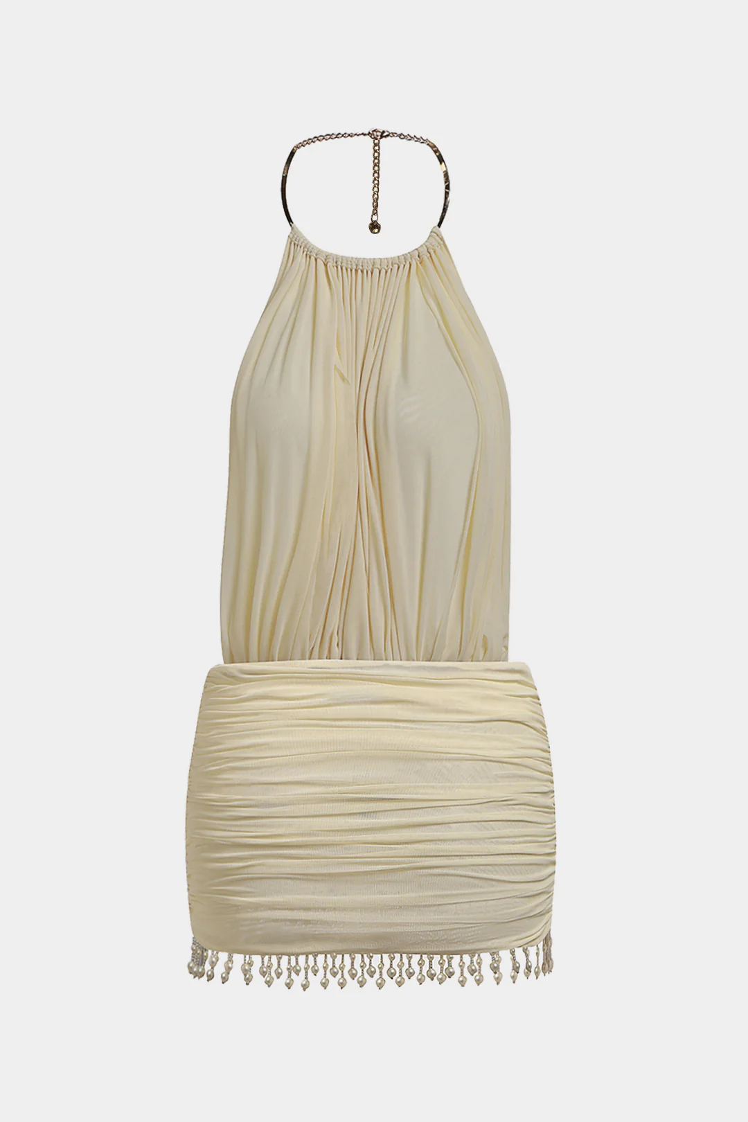 Mesh Halter Neck Pearl Decor Ruched Sleeveless Mini Dress - Weenar