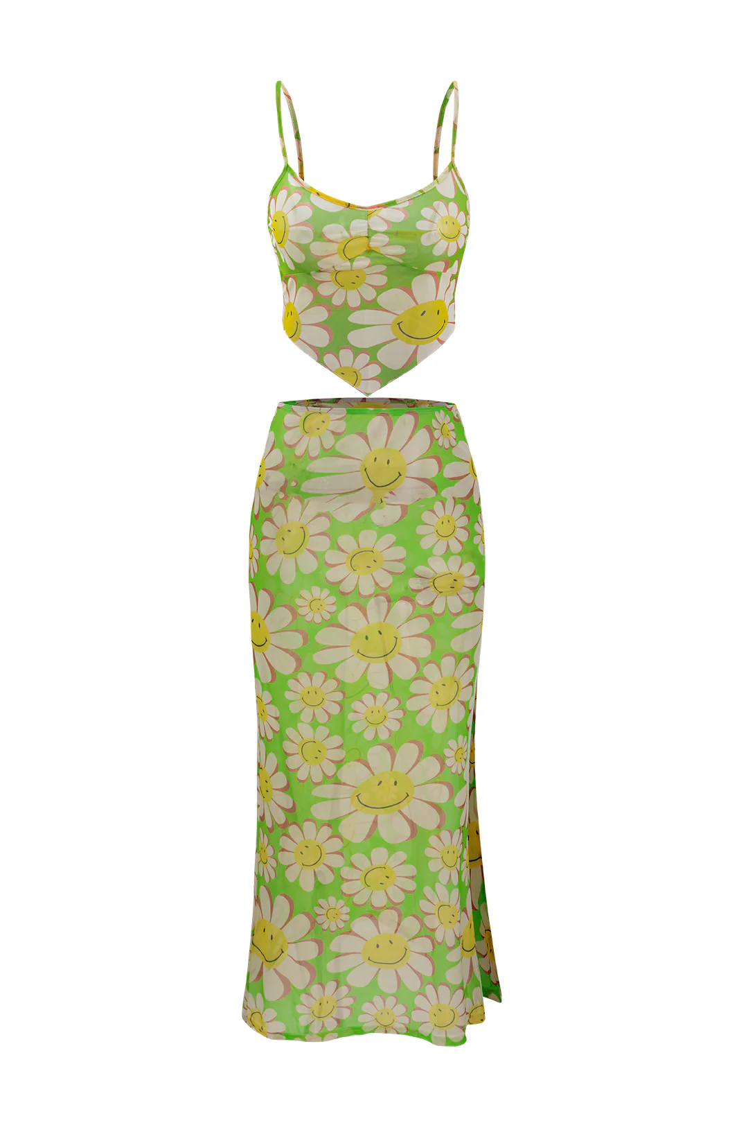 Cartoon Floral Print Cami Top And Slip Skirt Set - Weenar