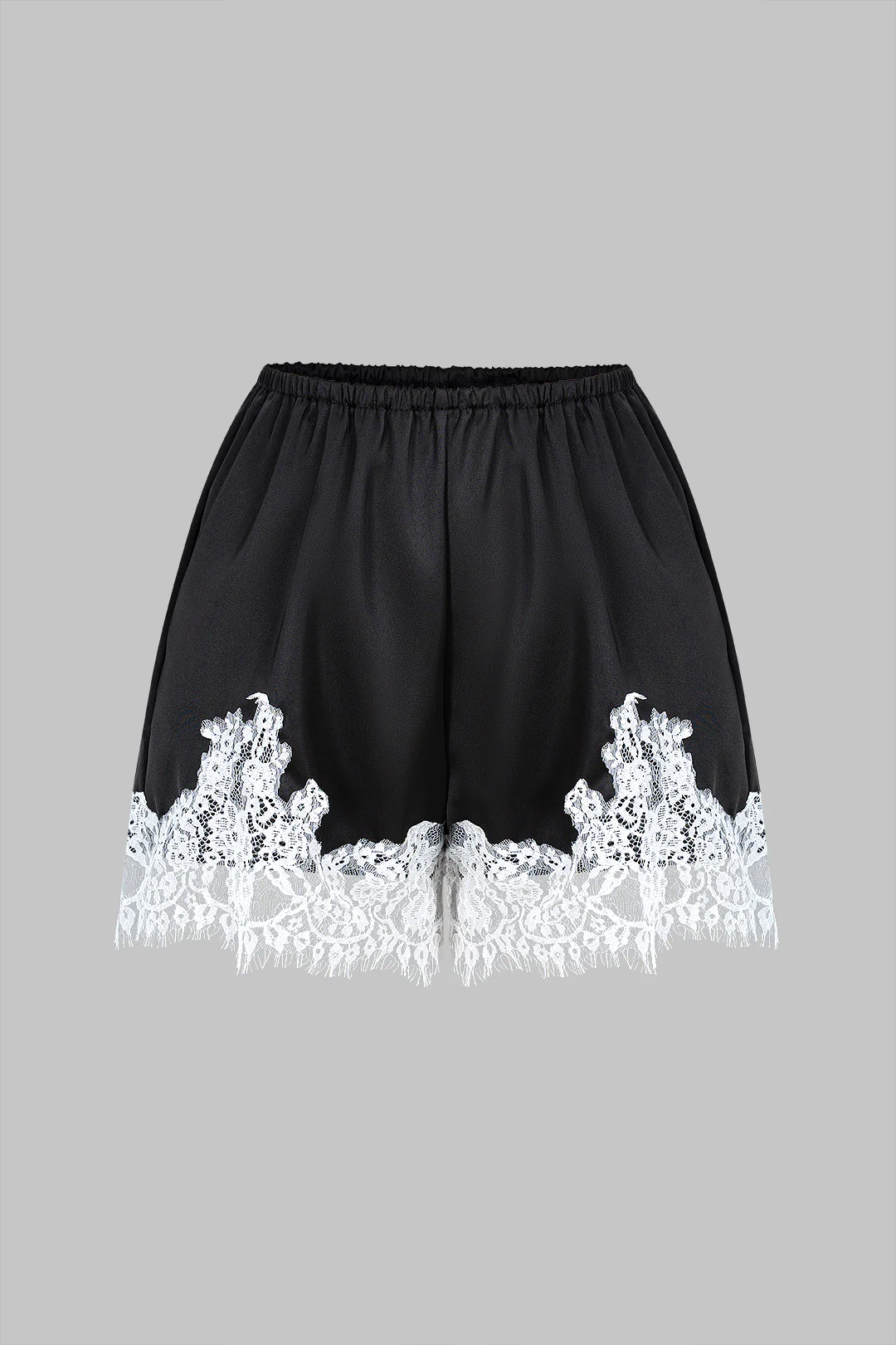Satin Patchwork Lace Trim Shirred Waistband Shorts - Weenar