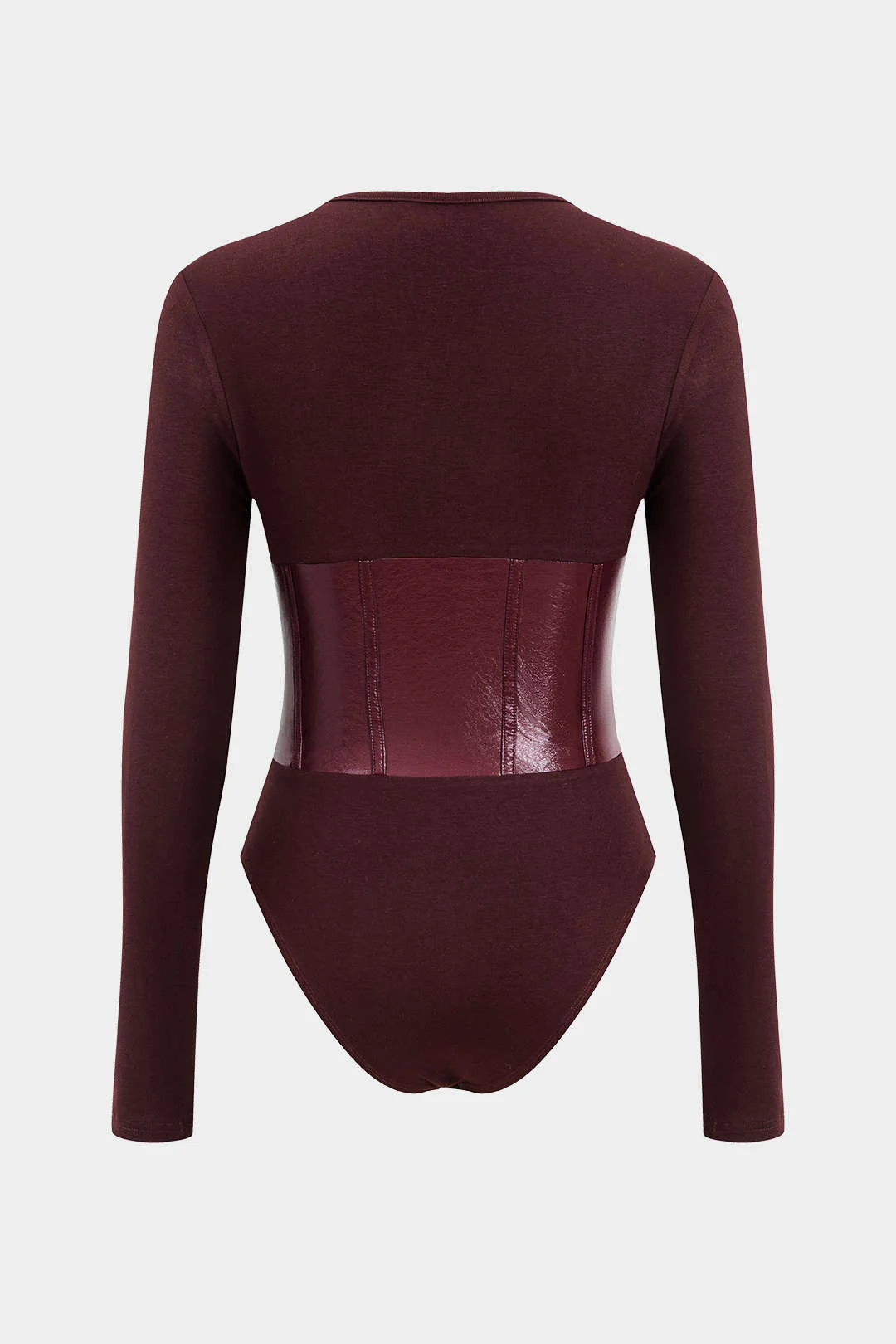Patchwork Faux Leather Long Sleeve Bodysuit - Weenar