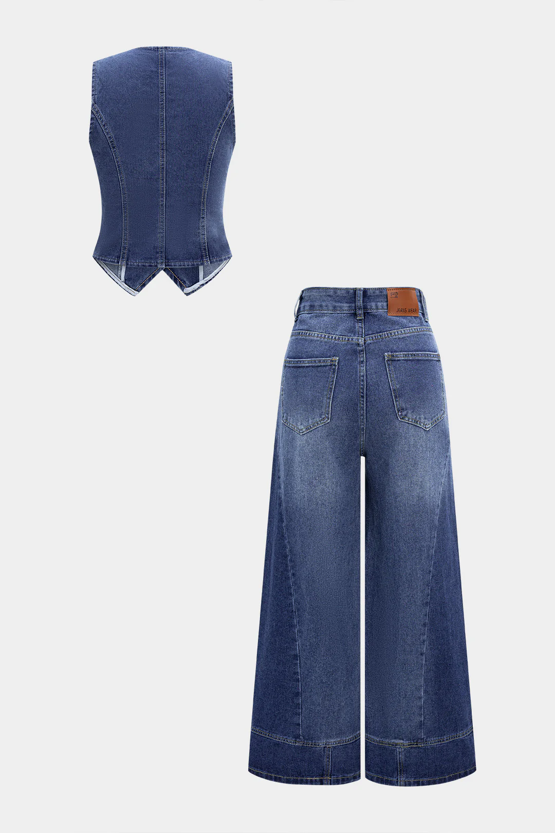 Denim Washed Button Tank Top And Ripped High Waist Wide Leg Jeans Set - Weenar