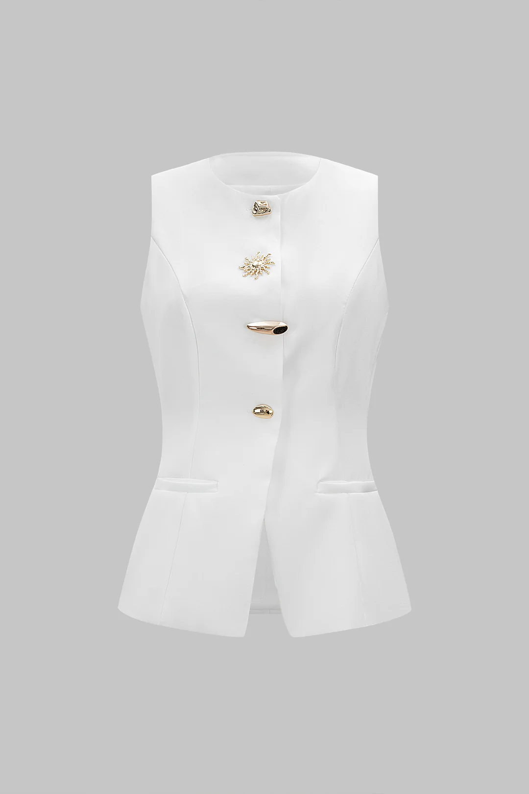 Irregular Metallic Button Round Neck Vest - Weenar