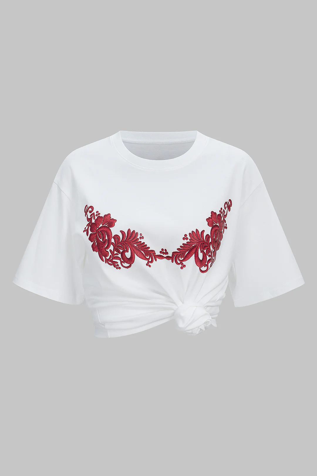 Floral Embroidery Round Neck Short Sleeve T-Shirt - Weenar