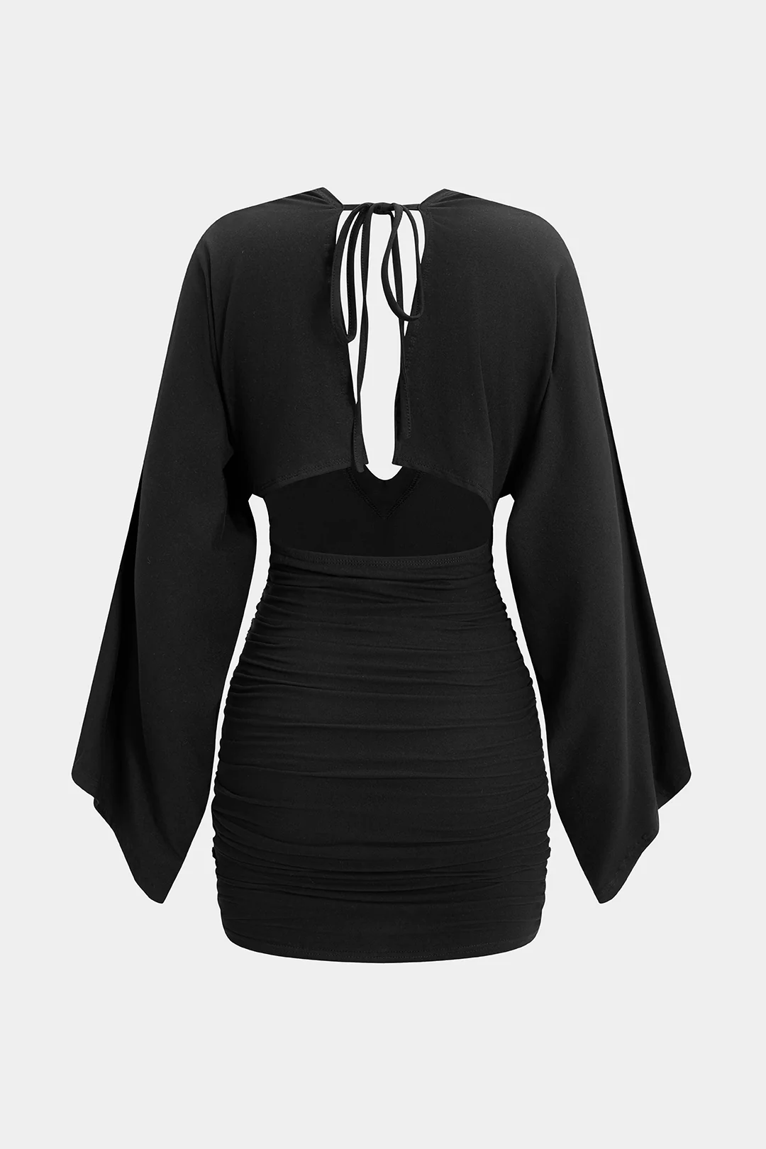 V-Neck Tie Back Backless Batwing Long Sleeve Mini Dress - Weenar