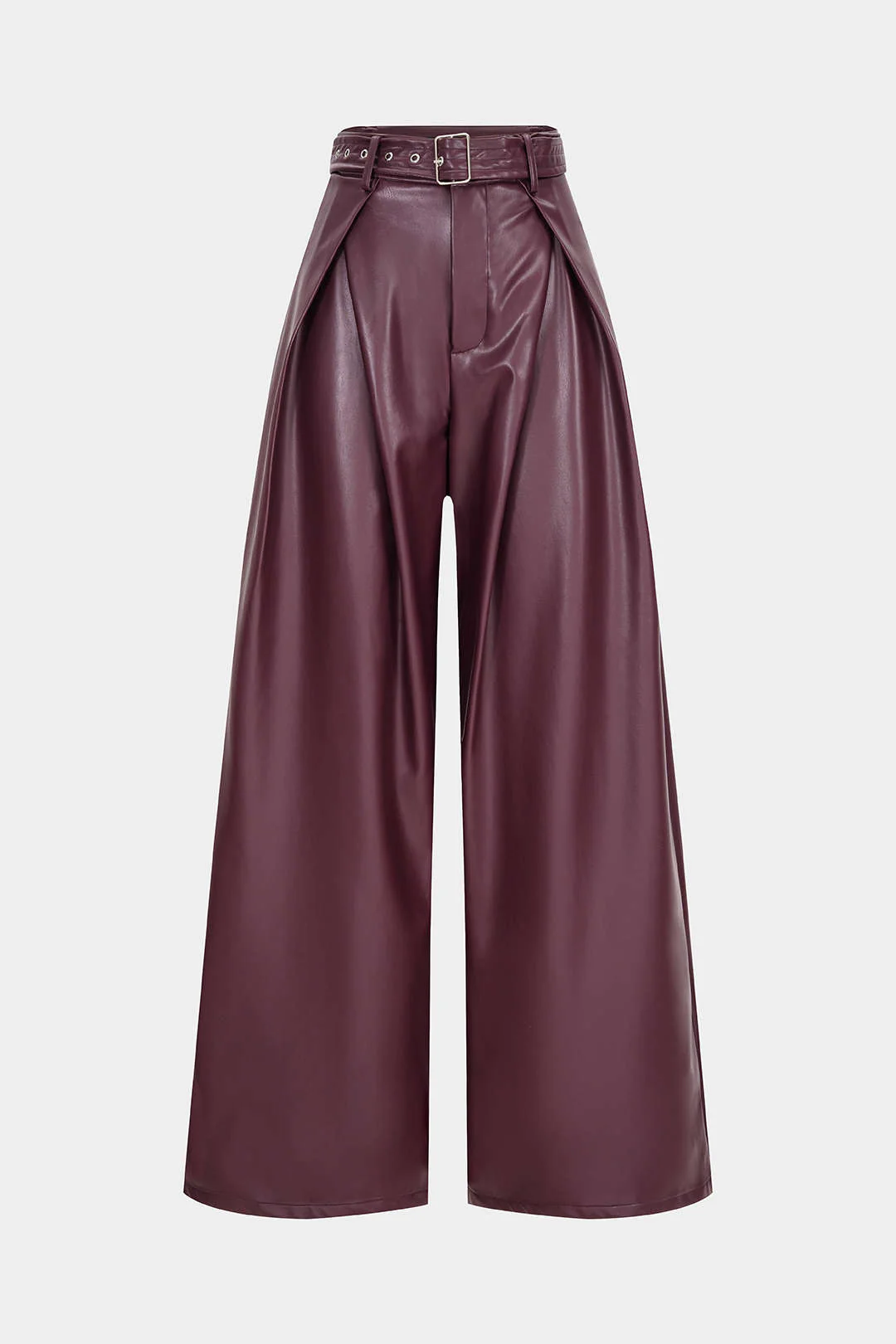 Faux Leather Belted Ruched Wide Leg Pants - Weenar