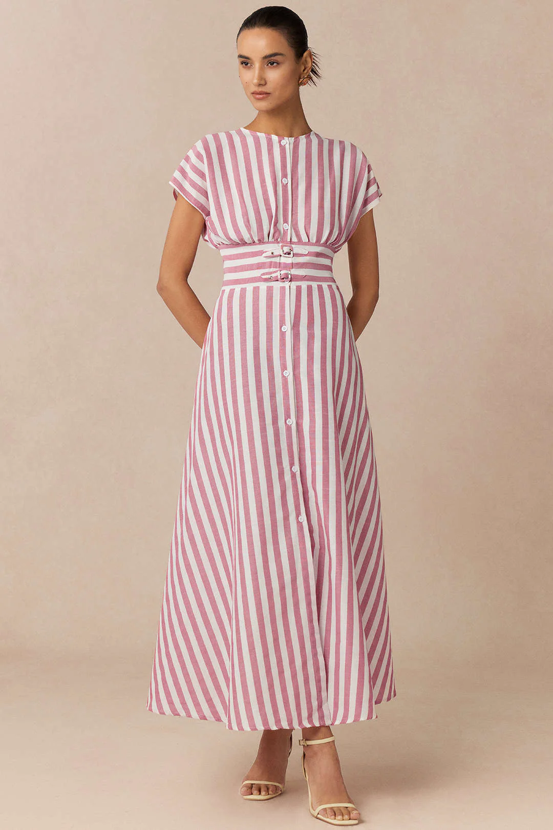 Stripes Print Round Neck Button Flutter Sleeve Dress - Weenar