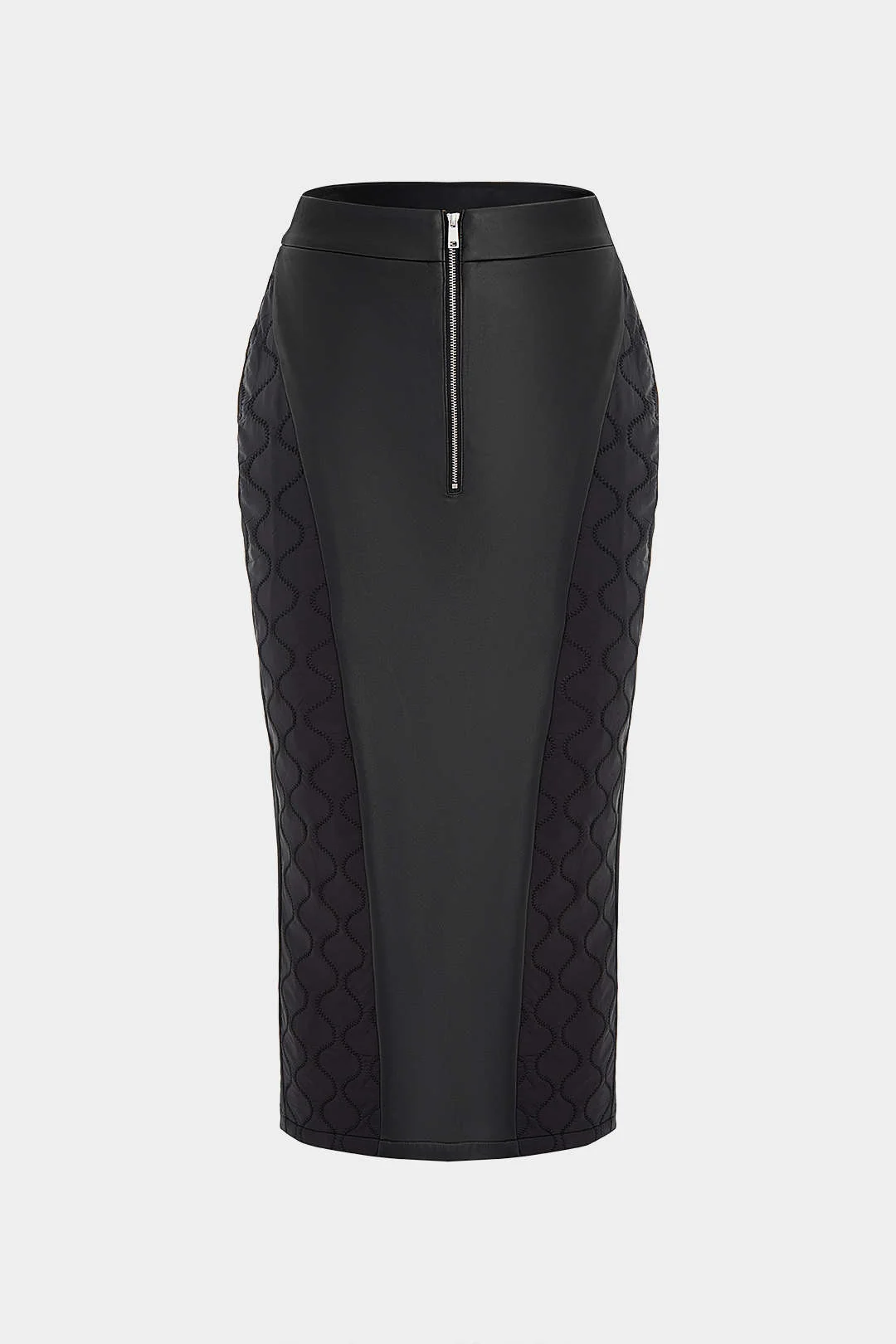 Faux Leather Quilted Patchwork Zipper Split Skirt - Weenar