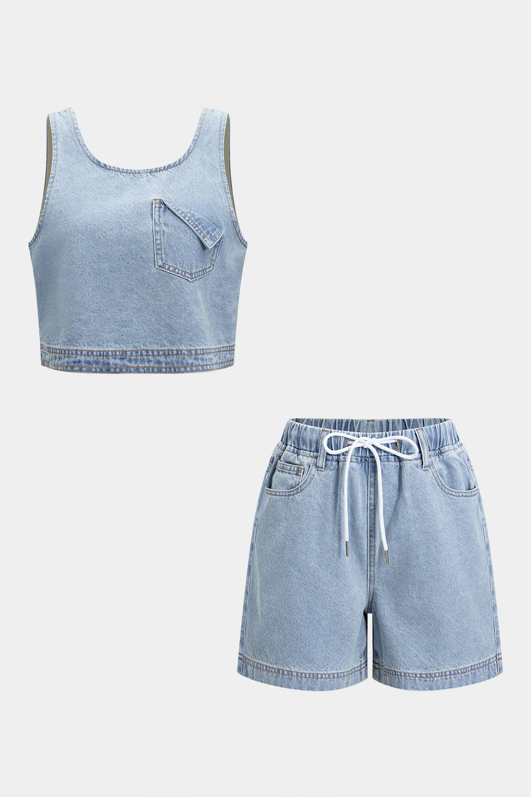 Denim Pocket Tank Top And Drawstring Shorts Set - Weenar