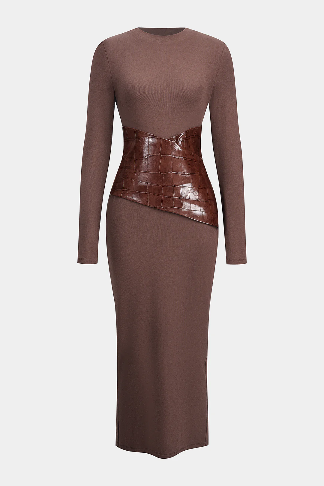 Faux Leather Round Neck Patchwork Long Sleeve Maxi Dress - Weenar