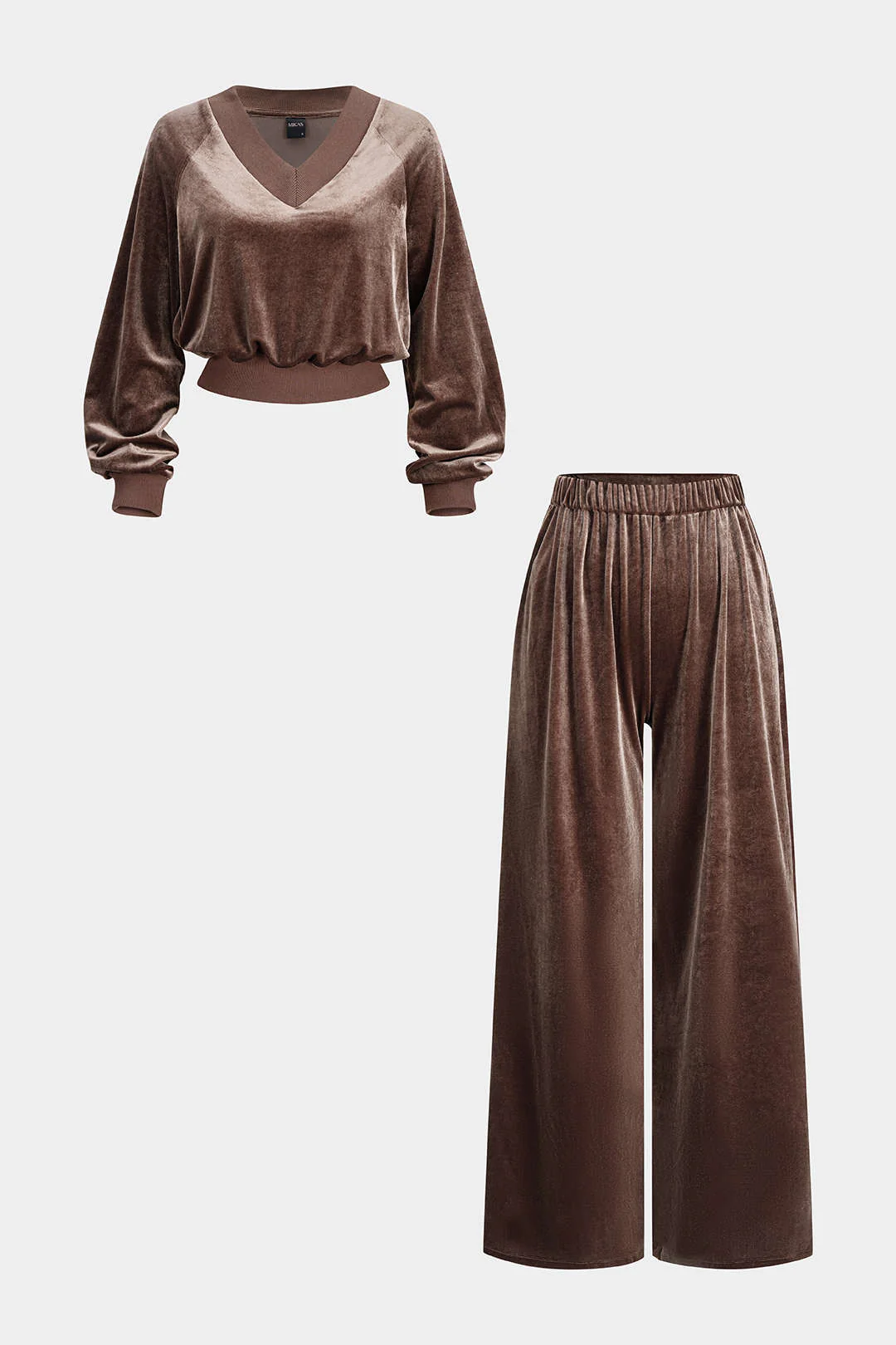 Velvet Patchwork V-Neck Long Sleeve Top And Shirred Waistband Wide-Leg Pants Set - Weenar