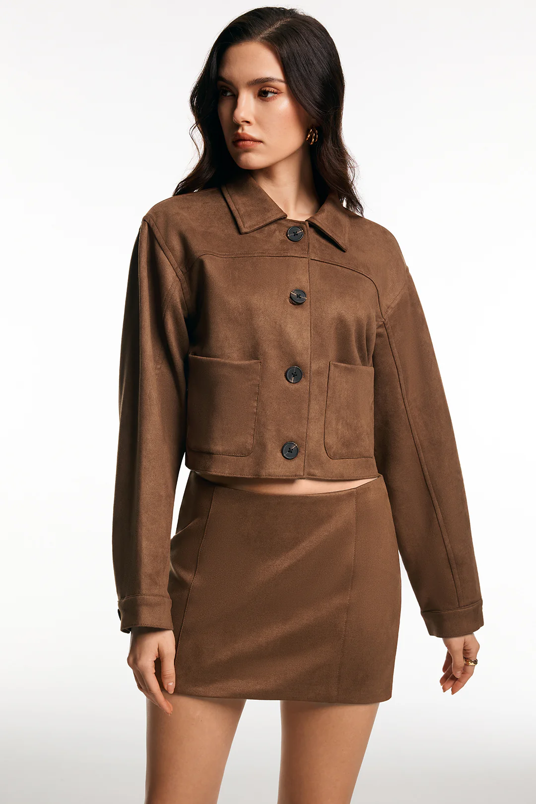 Suede Pocket Button Long-Sleeve Top - Weenar
