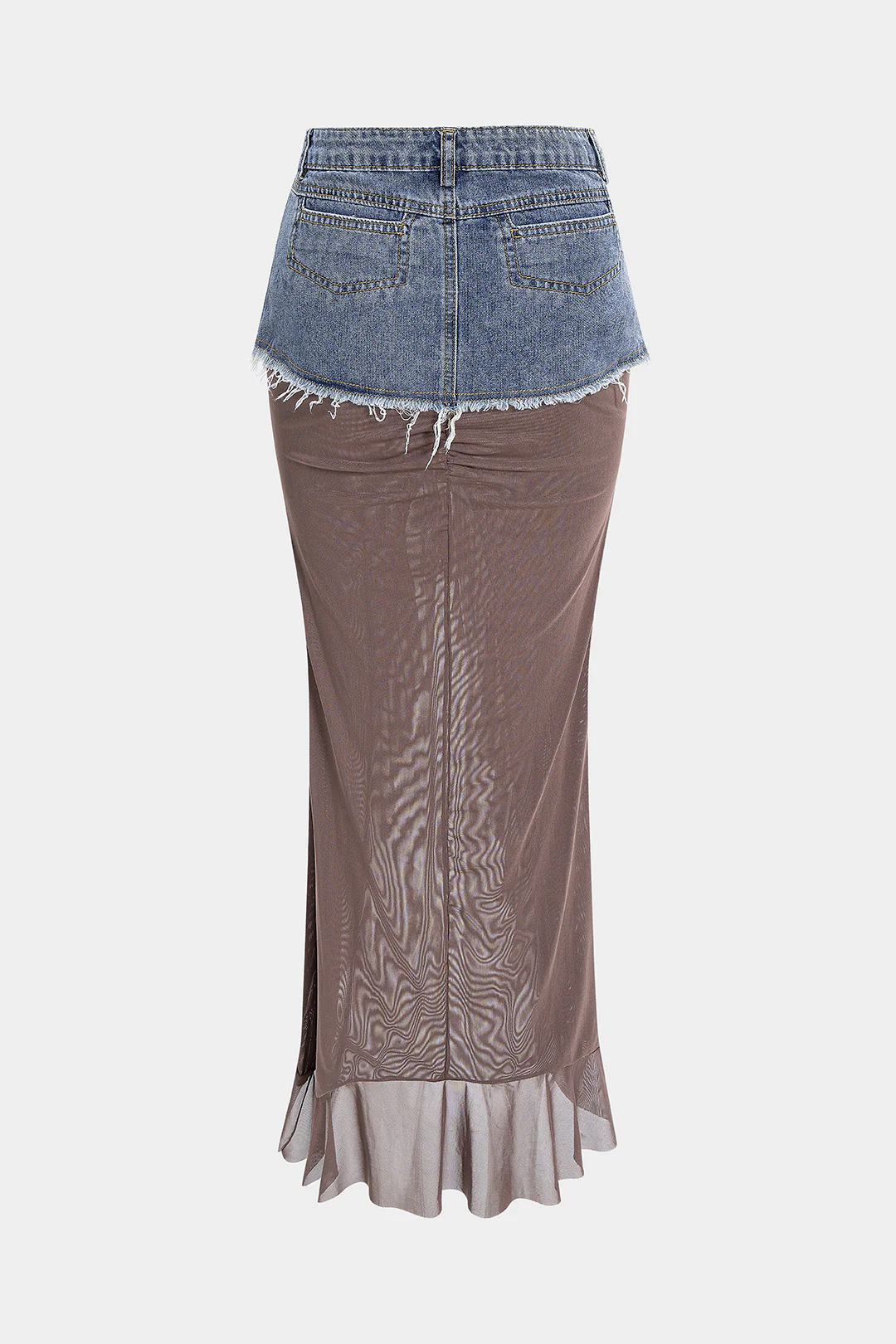 Denim Mesh Patchwork Frayed Ruched Ruffle Slit Skirt - Weenar