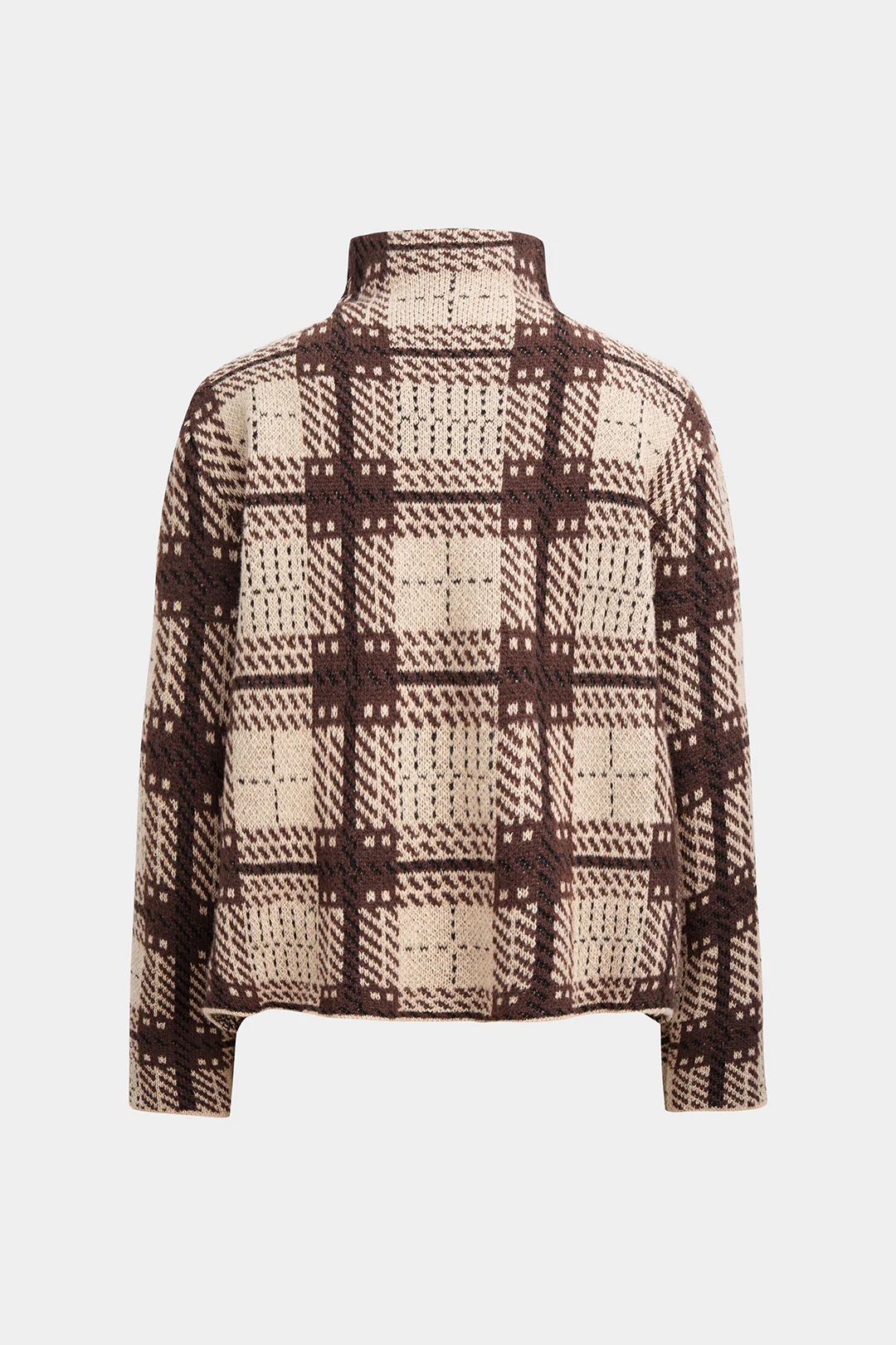 Knit Plaid Print Mock Neck Long-Sleeve Top - Weenar