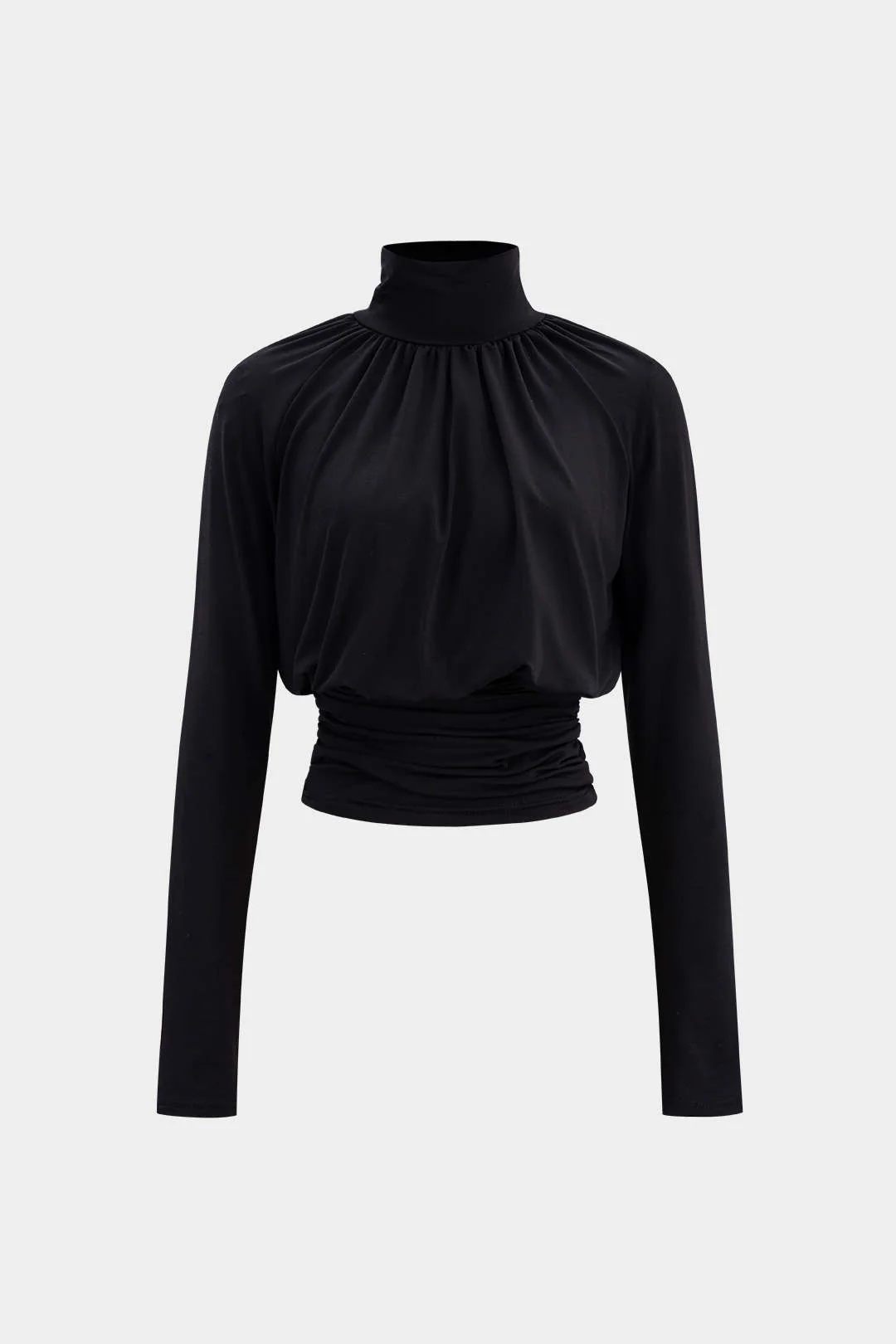 Basic Faux Leather High Collar Wrinkled Long Sleeve T-Shirt - Weenar
