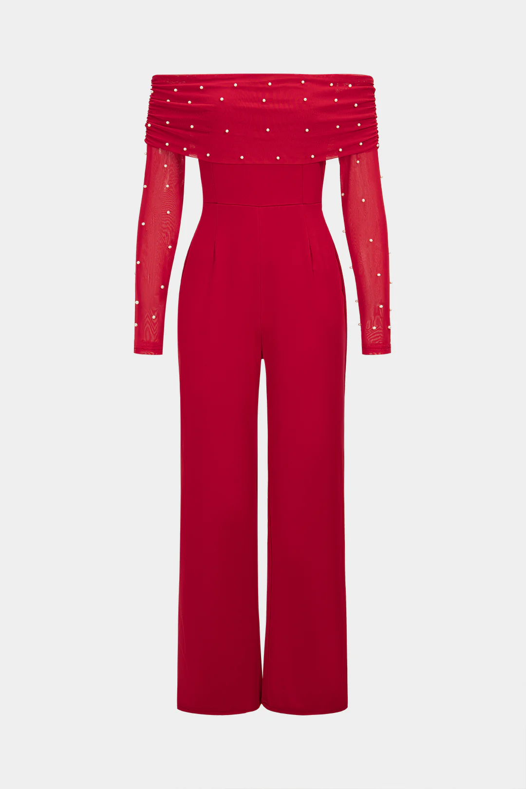Pearl Decor Off-Shoulder Wide Leg Long Sleeve Jumpsuit - Weenar