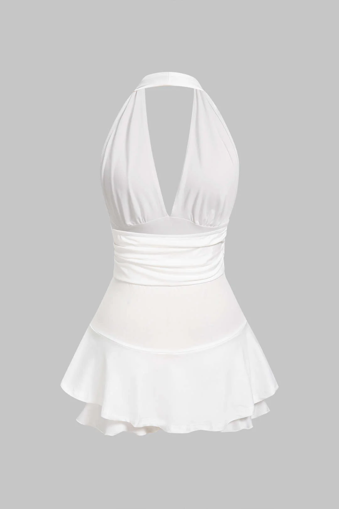 Solid Halter Deep V-Neck Ruched Backless Sleeveless Mini Dress - Weenar