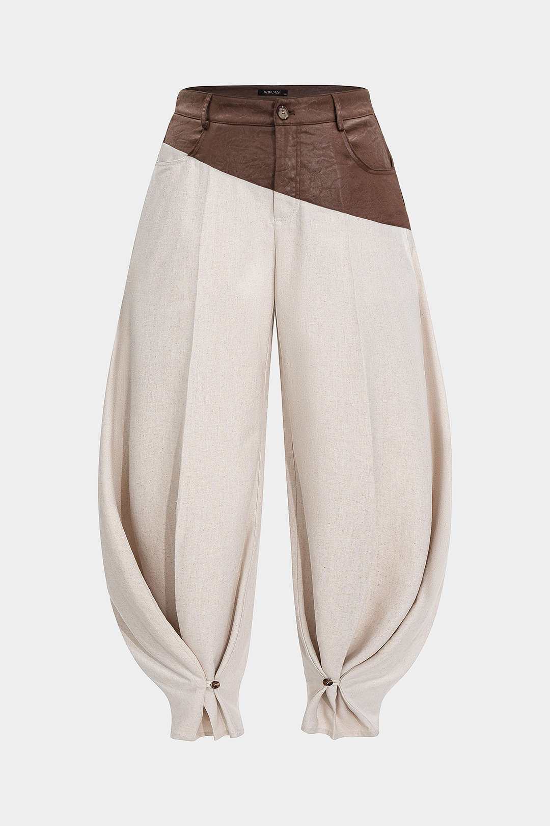 Plus Size Faux Leather Linen Patchwork Ruched Trousers - Weenar