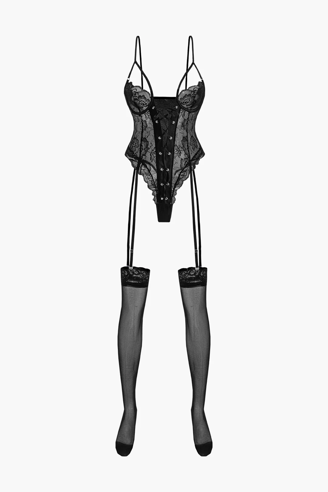 Lace Backless Tie Up Lingerie Garter Set - Weenar