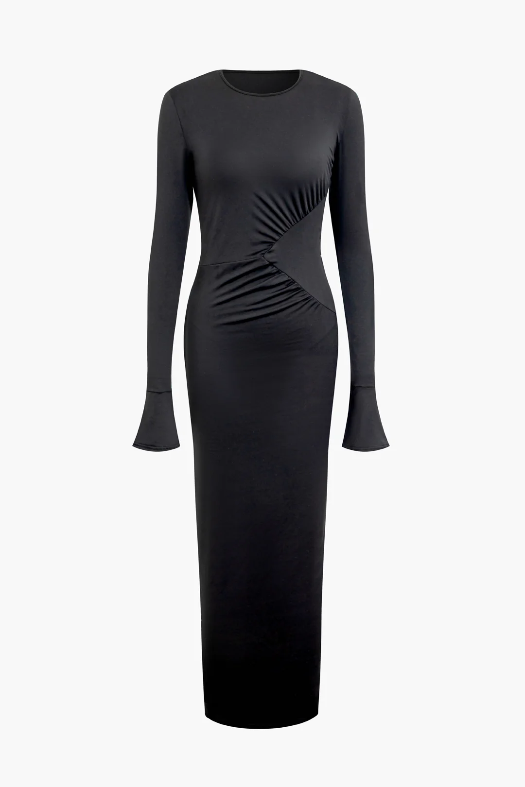 Round Neck Asymmetrical Ruched Long Sleeve Maxi Dress - Weenar
