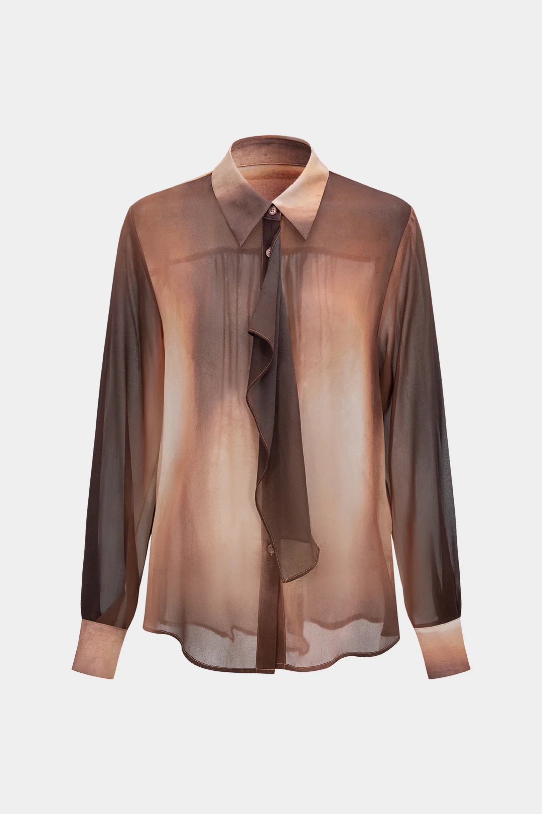 Tie Dye Ombre Print Chiffon Button Ruffle Long-Sleeve Top - Weenar