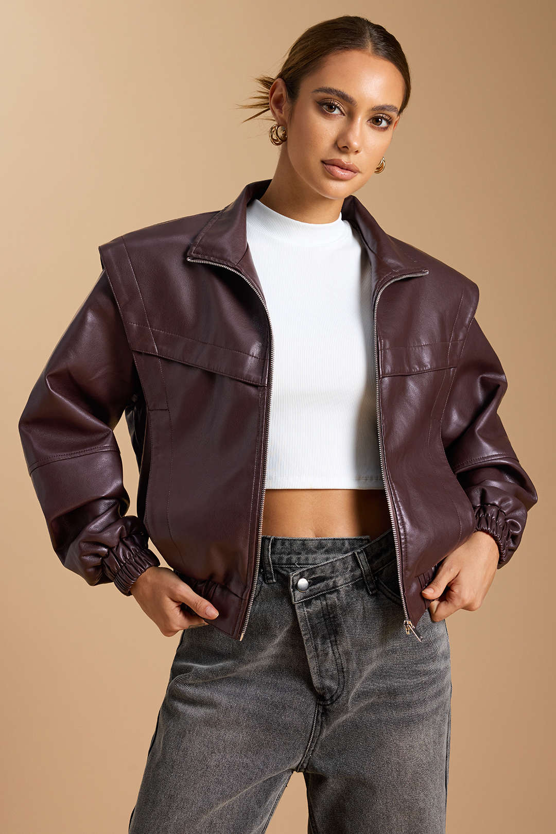 Faux Leather Mock Neck Pocket Zipper Jacket - Weenar