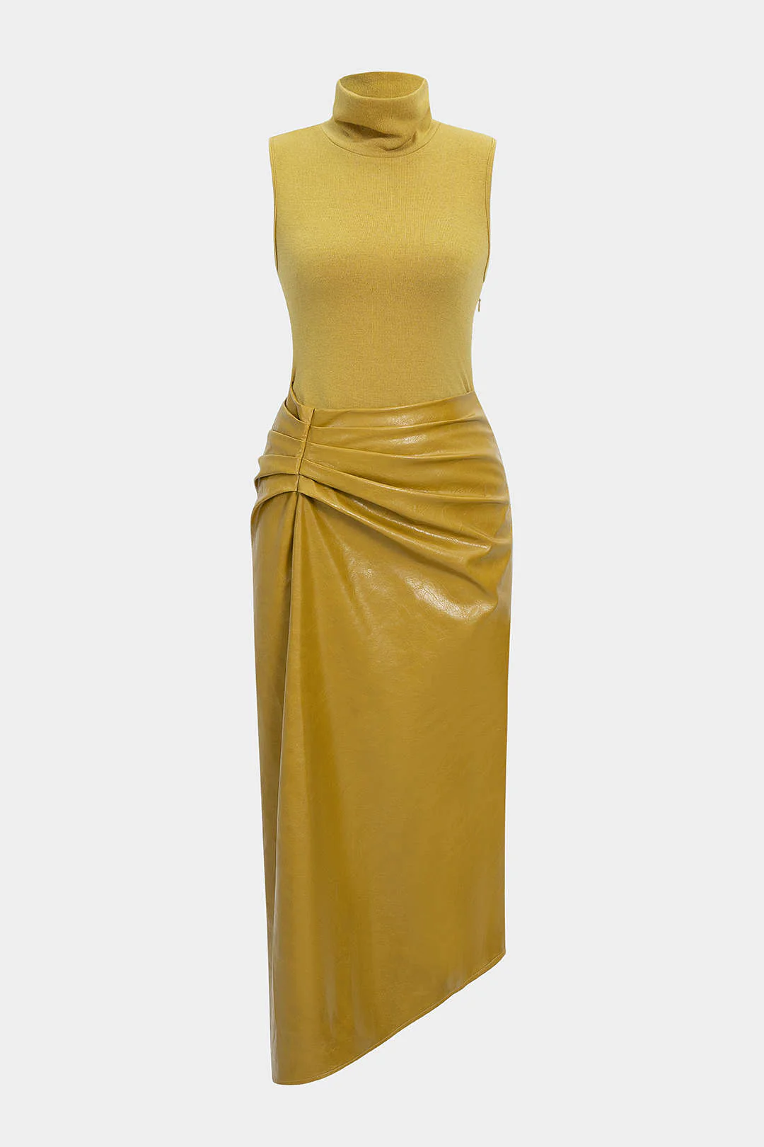 Faux Leather Patchwork High Neck Pleated Sleeveless Maxi Dress - Weenar