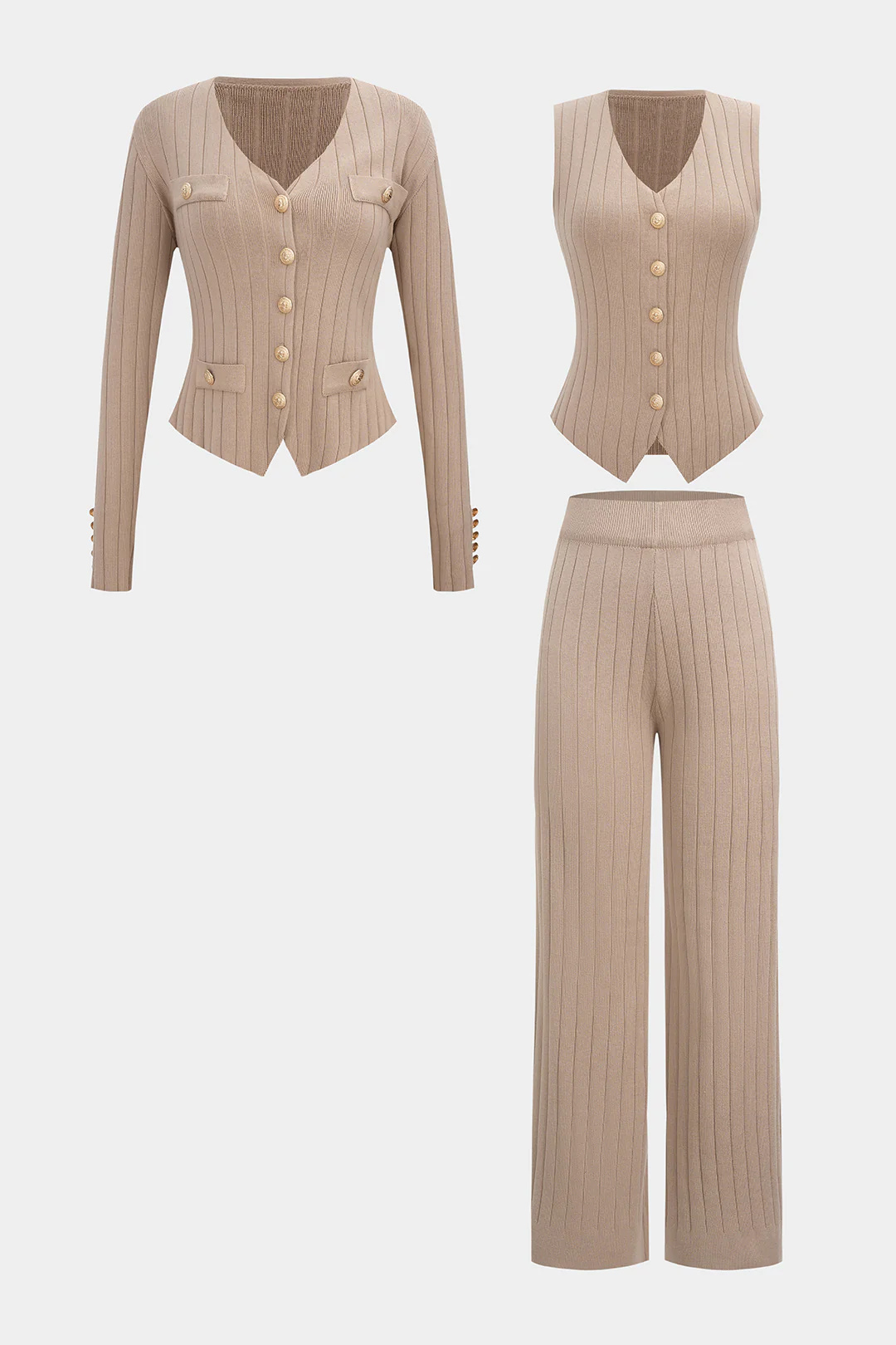 Knit V-Neck Metallic Button Long Sleeve Top And Vest And Wide Leg Pants Set - Weenar