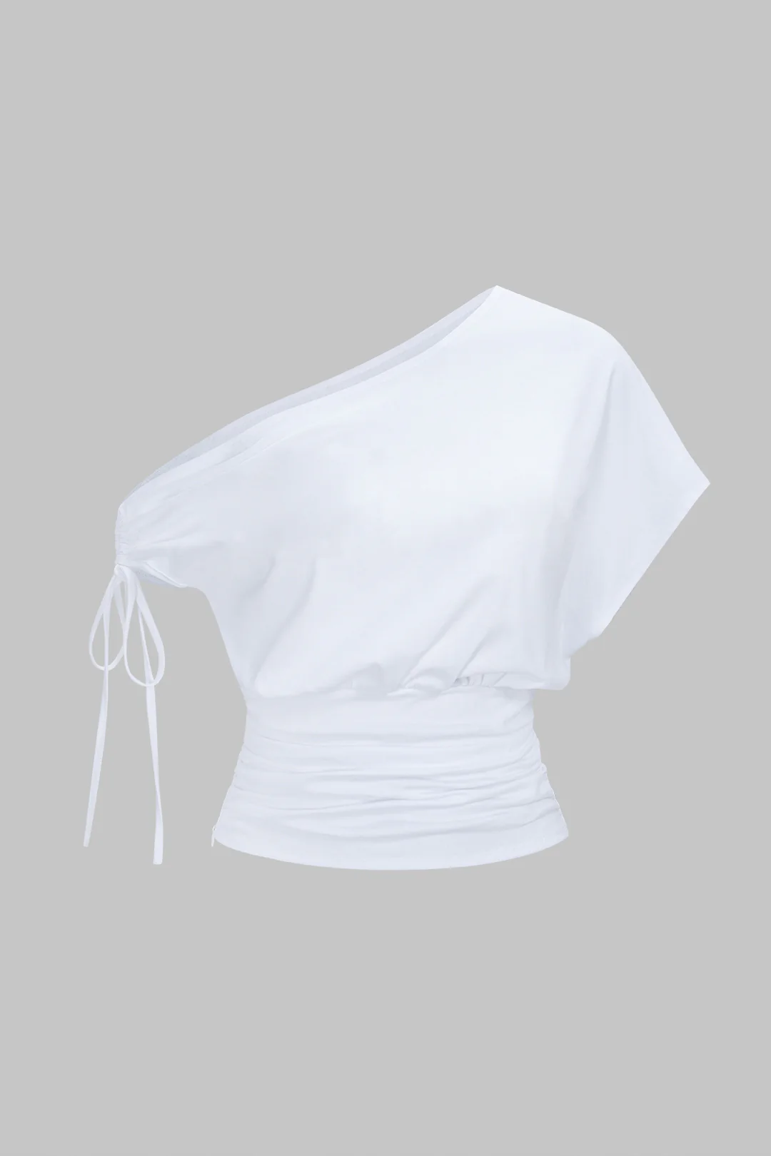 Tie-Up Asymmetrical One Shoulder Ruched Short Sleeve T-Shirt - Weenar