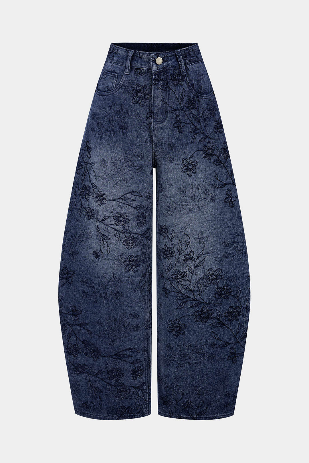 Denim Floral Print Zipper Barrel Jeans - Weenar