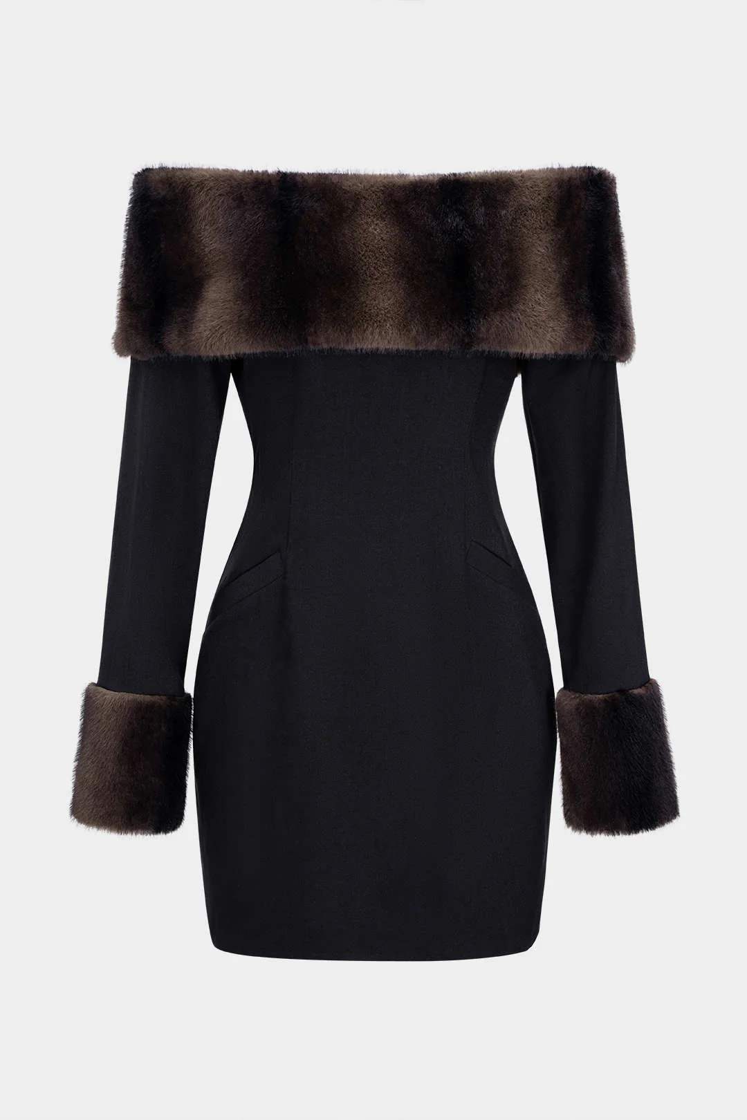 Off Shoulder Faux Fur Patchwork Long Sleeve Mini Dress - Weenar
