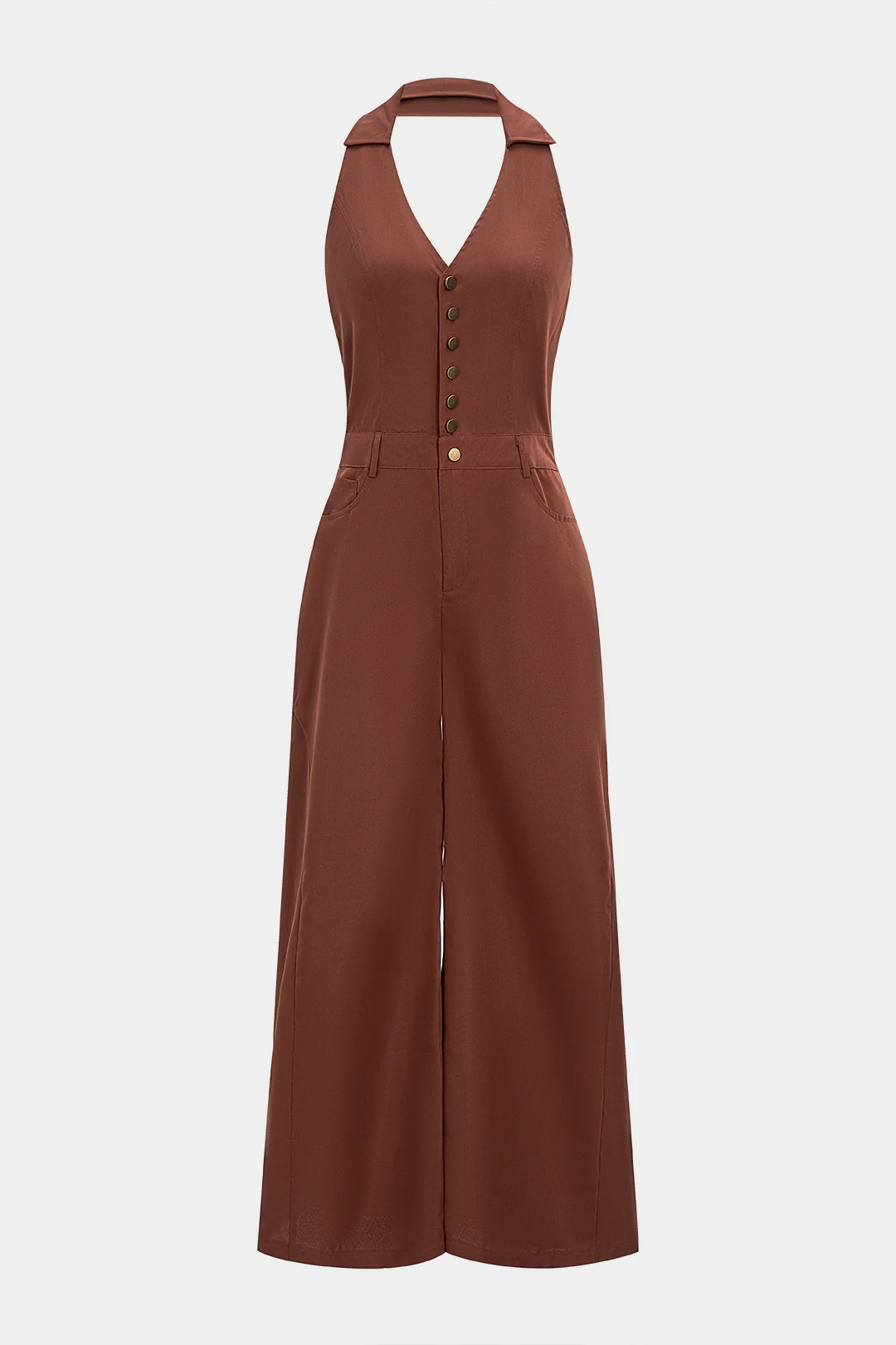 Halter V-Neck Button Smocked Pocket Sleeveless Jumpsuit - Weenar