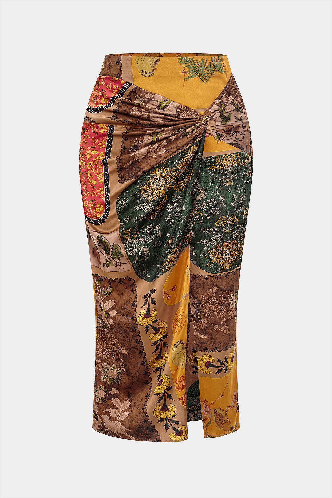 Plus Size Bohemian Print Zipper High Waist Twist Knot Skirt - Weenar