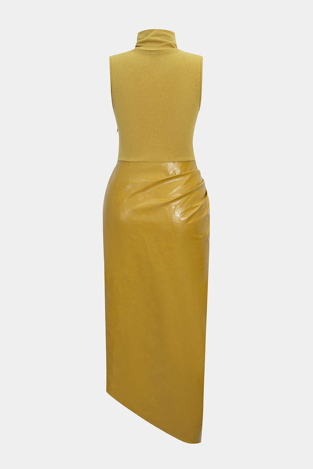 Faux Leather Patchwork High Neck Pleated Sleeveless Maxi Dress - Weenar