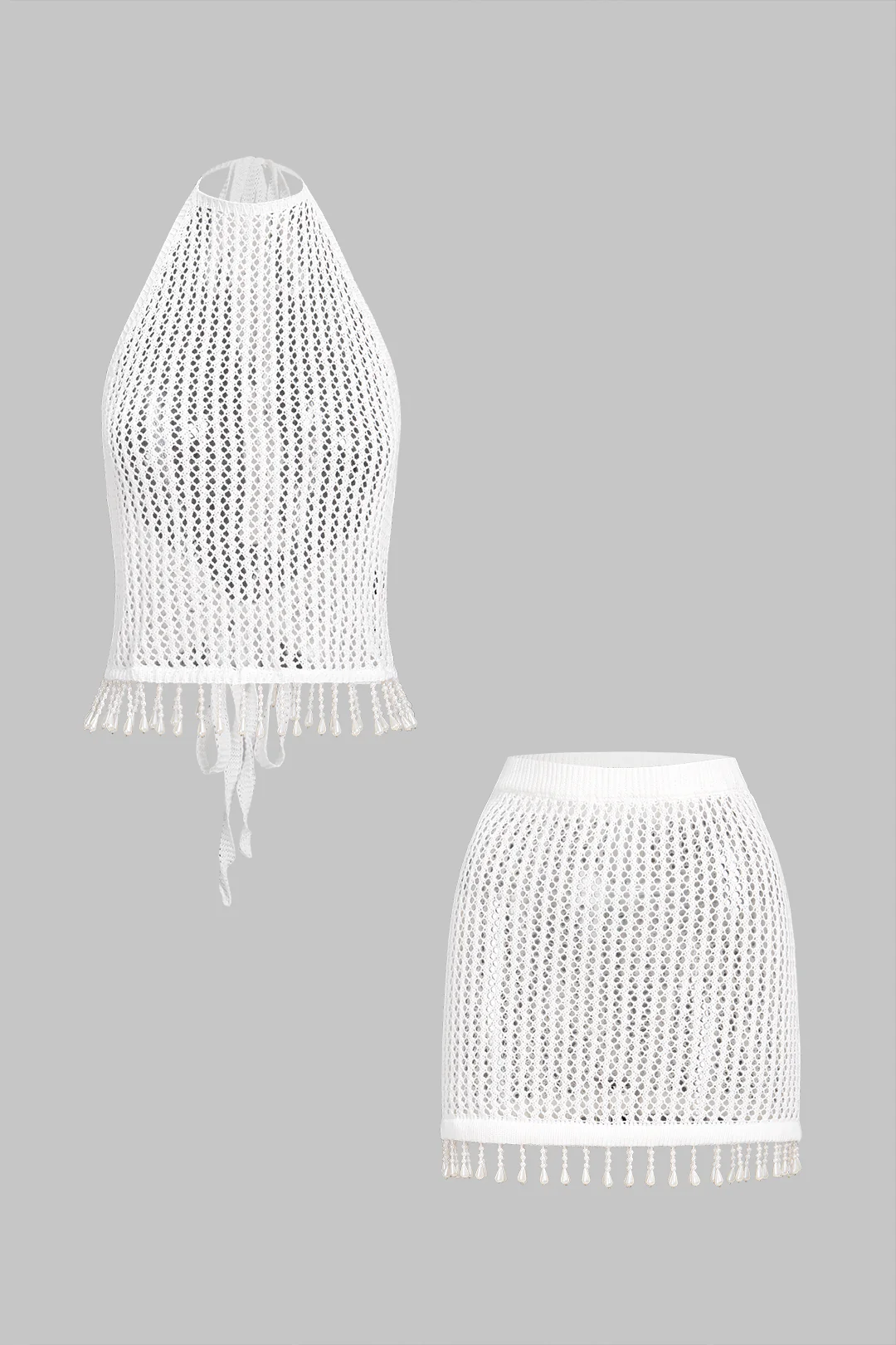 Knit Hollow Out Fringe Halter Tie Back Top And Skirt Set - Weenar